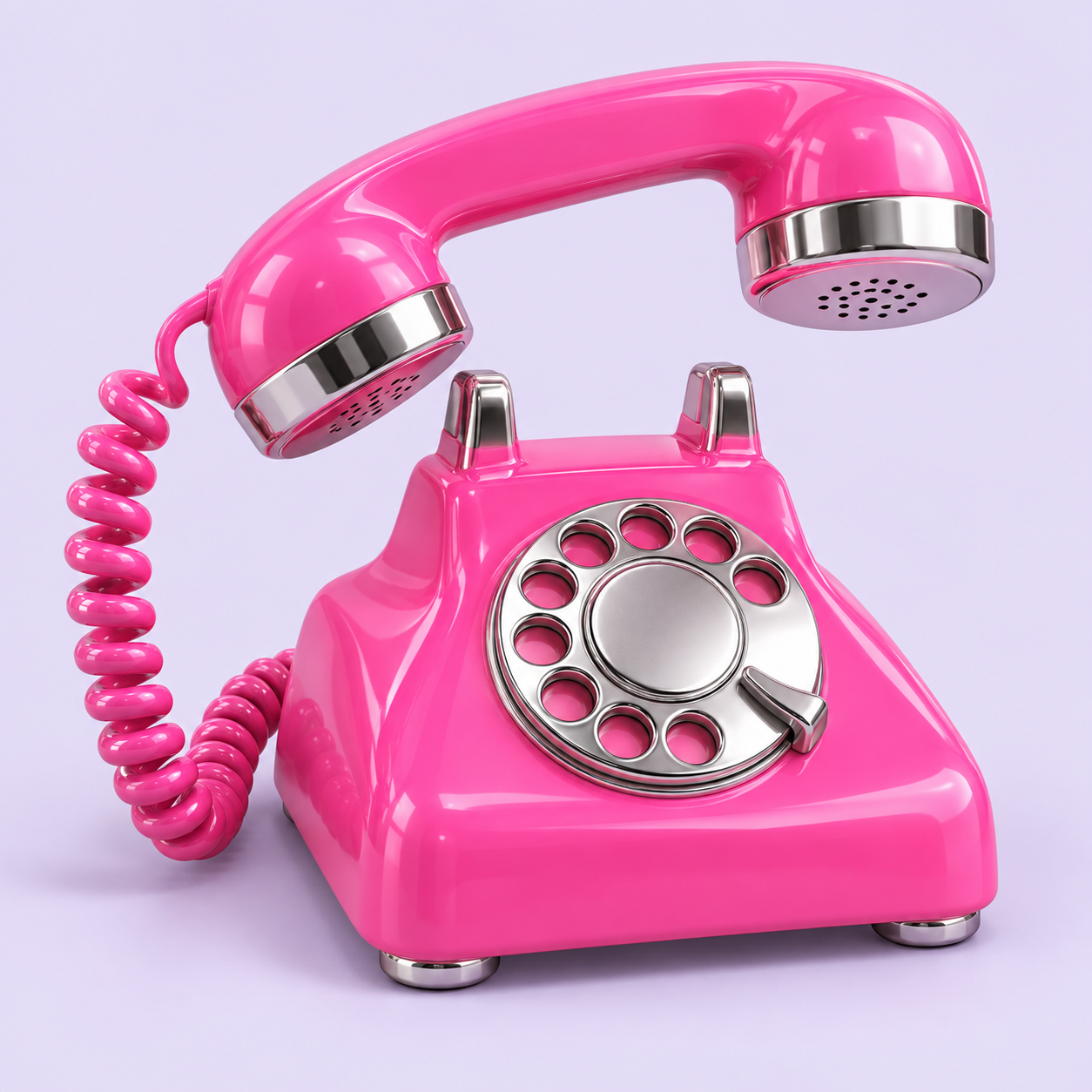 Ein knallpinkes Retro-Telefon mit schwebendem Hörer und glänzender Wählscheibe